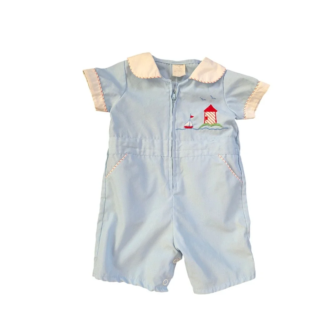 Vintage Baby Boy Blue Lighthouse Embroidered Romper Sun Suit 6-9 Nautical Snaps